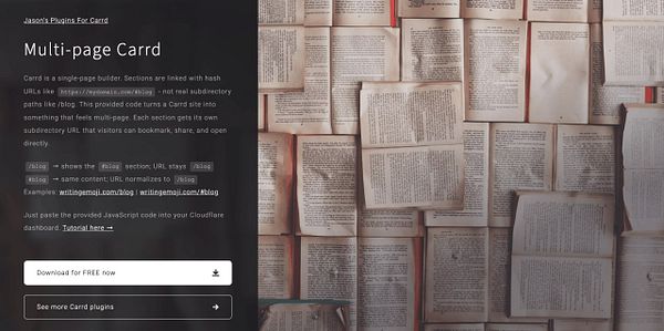 Screenshot of a Telegram chat showcasing the launch announcement of a multi-page Carrd plugin.
