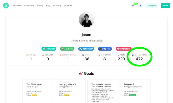 User profile displaying word count and goals on the Lifelog platform.