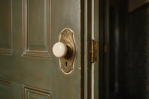 A close-up of a painted Victorian wooden door in muted green, showing raised panels, a white porcelain knob, and an ornate brass keyhole plate. The brass hinge and dark interior beyond the doorway emphasize the period detail and aged finish.