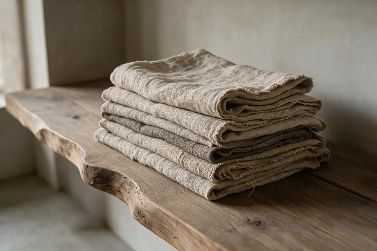 A stack of folded beige linen textiles rests on a rustic live-edge wooden bench. The softly wrinkled fabric and unfinished wood grain create a calm, natural Wabi-Sabi look against a muted neutral wall.