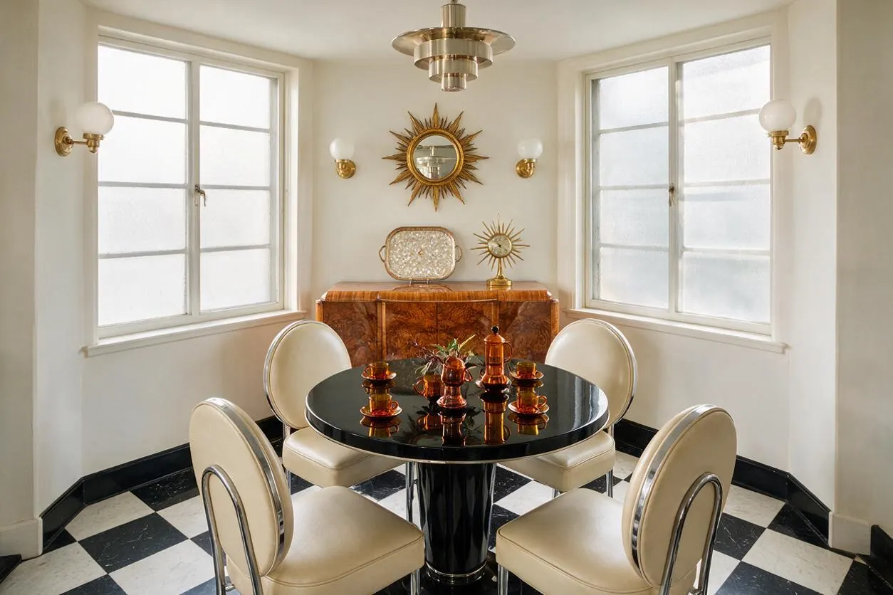 A bright sunroom with four frosted windows, black-and-white checkered flooring, and a glossy black round table surrounded by cream upholstered chairs with chrome trim. The walls feature gold sunburst mirrors and brass sconces, with a sculptural brass-and-glass pendant centered above the table and a lacquered wood cabinet against the back wall.
