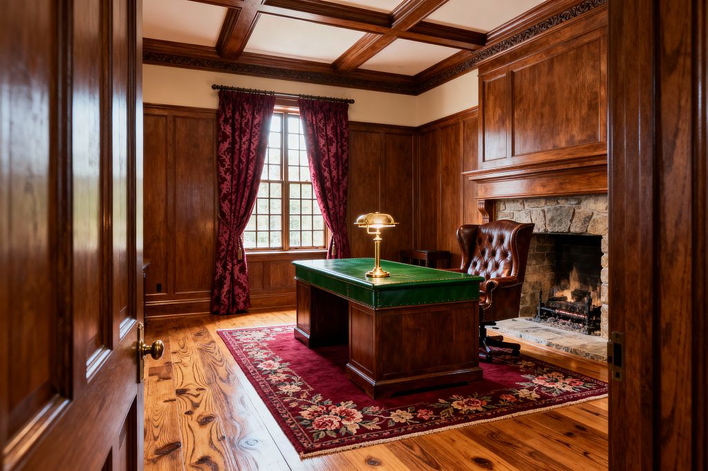 A traditional home office with full-height wood paneling and a coffered ceiling shows a central desk with a green leather top and brass banker’s lamp on a burgundy floral rug. A tufted brown leather wingback faces a lit stone fireplace; mullioned windows with red damask curtains and wide-plank pine flooring add warmth, while carved moldings and a substantial mantel emphasize classic craftsmanship.