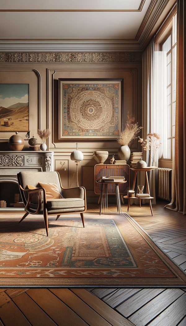 A cozy living room with a vintage mid-century modern chair, an antique wooden side table, and a vintage rug laying on the floor. The room has a mix of modern and vintage decor to create a balanced, inviting environment.