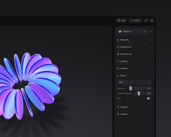 A 3D design interface showcasing a colorful, abstract shape with various editing options displayed on the side.