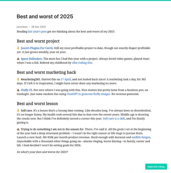 A blog post titled 'Best and worst of 2025' detailing personal reflections on projects, marketing hacks, and lessons learned.