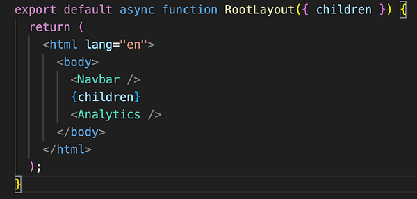 A code snippet for a React component defining a root layout with a navbar and analytics integration.