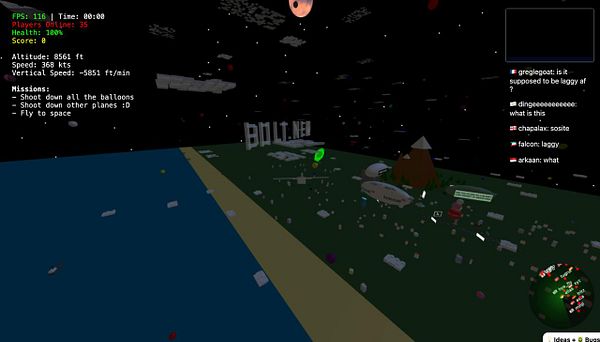 The image depicts a 3D game environment featuring a landscape with various objects and a chat interface.