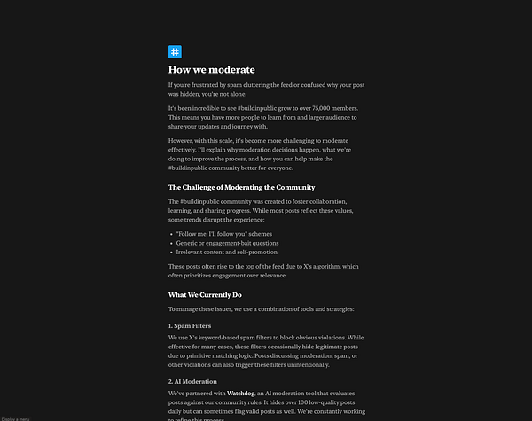 The image displays a detailed explanation of community moderation practices for the #buildinpublic community.