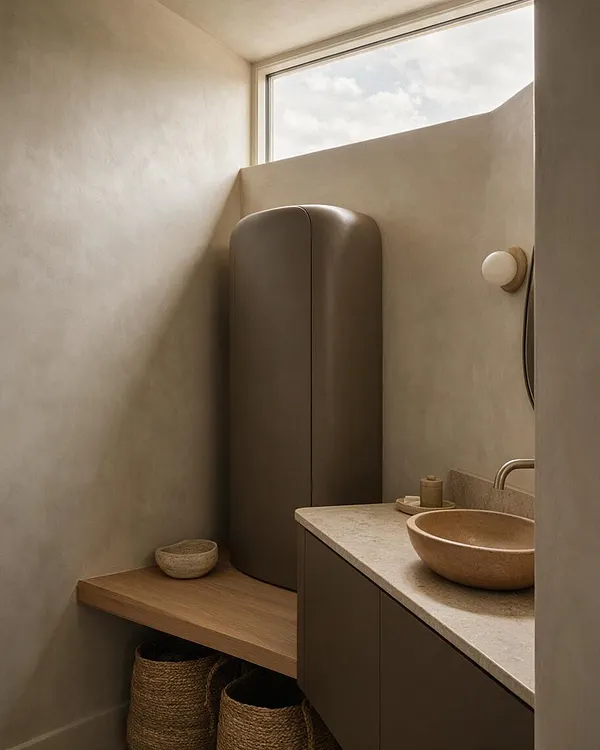 A compact powder room with smooth plaster walls, a high window bringing in soft daylight, a tall rounded cabinet, and a floating wood shelf. The vanity features a stone countertop with a round vessel sink, while woven baskets and a few simple accessories add natural texture.