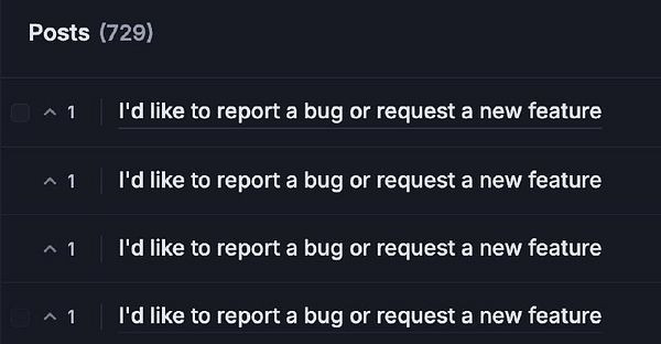 The image displays a user interface for a post management system showing multiple identical entries for bug reporting.
