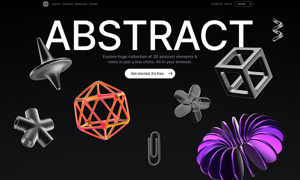 The image features a modern, abstract 3D landing page design with various geometric shapes and a dark background.