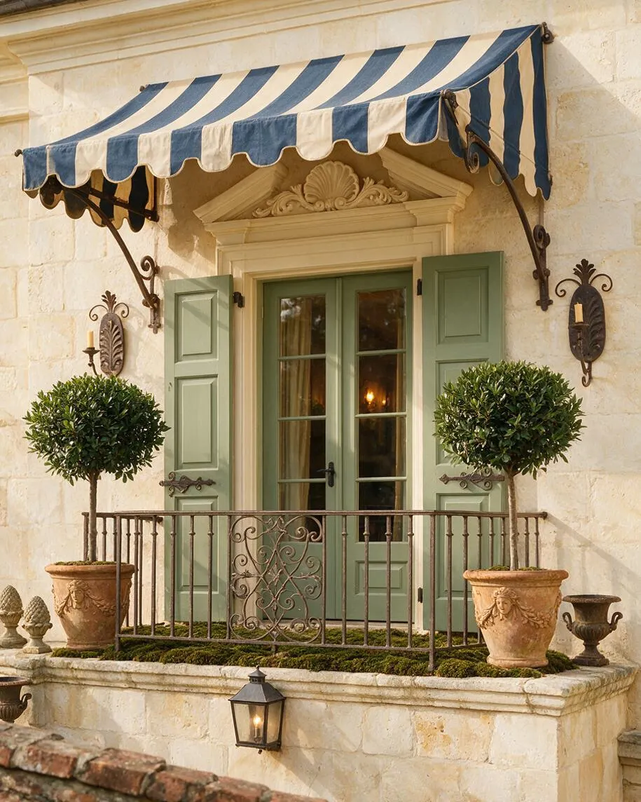 A traditional exterior facade with cream stone walls, a blue-and-white striped awning, and pale green shuttered French doors. Wrought-iron railings, decorative wall sconces, topiary trees in terracotta planters, and a small lantern complete the elegant, European-inspired look.