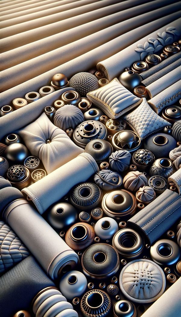 An assortment of fabric items such as curtains, cushion covers, and upholstered furniture, displaying various types of eyelets, ranging from delicate stitched to robust metal-ringed ones.