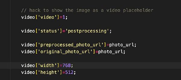 The image displays a code snippet related to video processing settings.