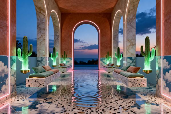 A dramatic patio features tall arches lined with pink neon, marble-clad piers, and cloud-printed blue tiles. Floating terrazzo benches with mint cushions and rust pillows flank a reflective floor where a shallow water channel creates ripples. Luminous green cactus light sculptures rise from brass bases along the walls, while a central arched opening frames a sunset sky and distant sea, blending dreamlike elements with luxurious materials and strong symmetry.