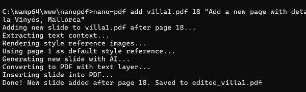 A command line interface displays the process of adding a new slide to a PDF using a Python script.