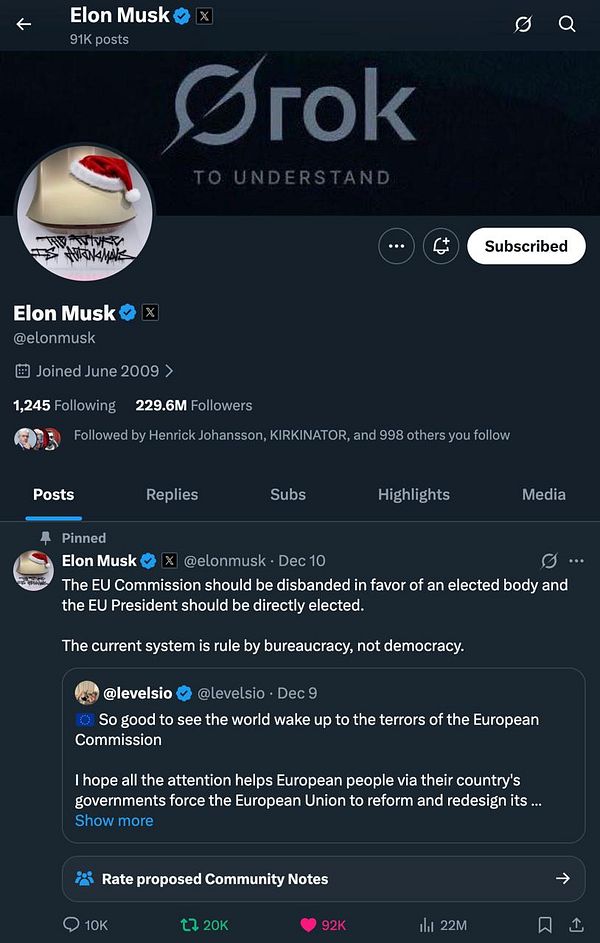 The image displays Elon Musk's Twitter profile, featuring a pinned tweet about the EU Commission.