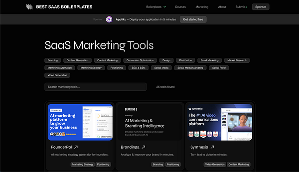 The image displays a webpage dedicated to SaaS marketing tools, featuring various categories and specific tools.