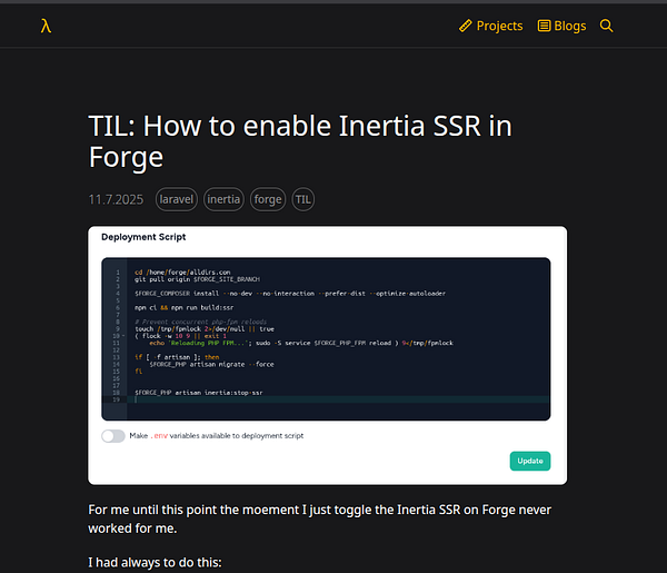 The image displays a blog post about setting up Inertia SSR in Forge, featuring a deployment script and personal notes.