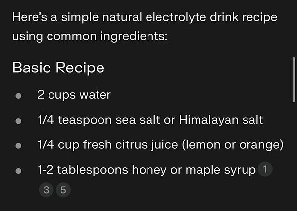 A recipe for a natural electrolyte drink using common ingredients is displayed.