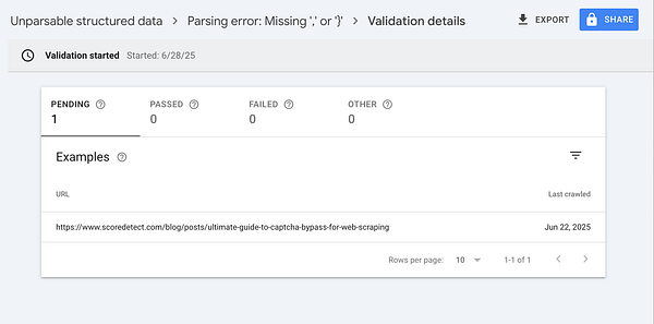 The image displays a Google Search Console interface showing a validation report for unparseable structured data.