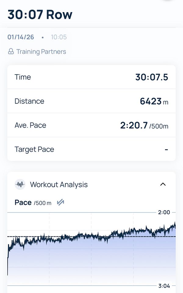 Screenshot of a running activity tracking app showing parameters for a 30-minute, 6400-meter row workout aiming to improve fitness.