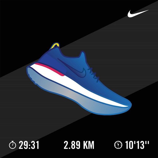 A digital illustration of a blue Nike running shoe with performance metrics displayed.