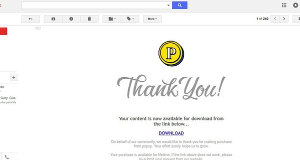 An email interface displaying a thank you message with a download link.