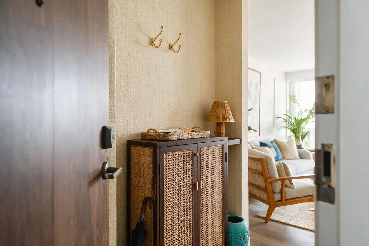 A tropical-style entryway seen through an open door, featuring a dark wood cabinet with woven rattan panels, a woven tray, and brass hooks on a textured beige wall. A small table lamp, umbrella, and turquoise vase add warmth, while a bright living room with light furniture and indoor plants is visible beyond.