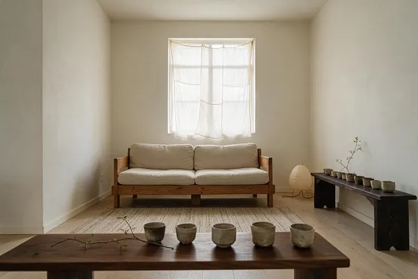 A minimal Japandi living room with a low wooden sofa upholstered in soft beige cushions beneath a sheer white window curtain. The room features pale walls, a woven neutral rug, a dark wooden bench with small ceramic vessels, and a low coffee table with more pottery, creating a calm, natural atmosphere.
