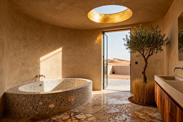 A warm, sand-colored bathroom features an oval terrazzo soaking tub with shell inlays, veined marble flooring, and smooth lime-plaster walls. A round skylight and a full-height glass door open to views of desert dunes, filling the space with sunlight. An olive tree and golden grasses grow from a floor planter beside a walnut-front vanity with an integrated sink and stainless wall-mounted faucets.