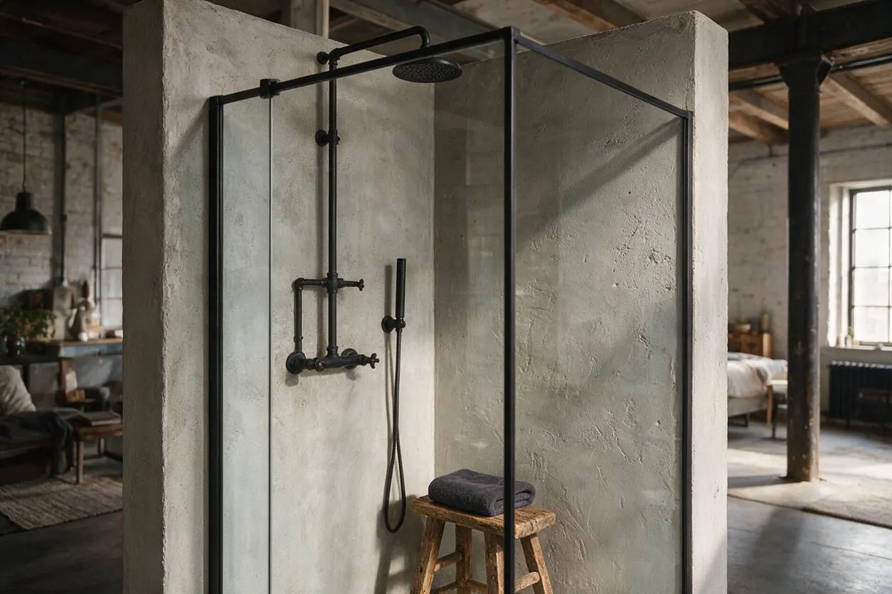 A walk-in shower enclosure with black metal framing and clear glass panels sits inside a rough textured plaster surround. Matte black exposed pipe fixtures and a rainfall showerhead contrast with the pale walls, while a small wooden stool with folded towels adds warmth.