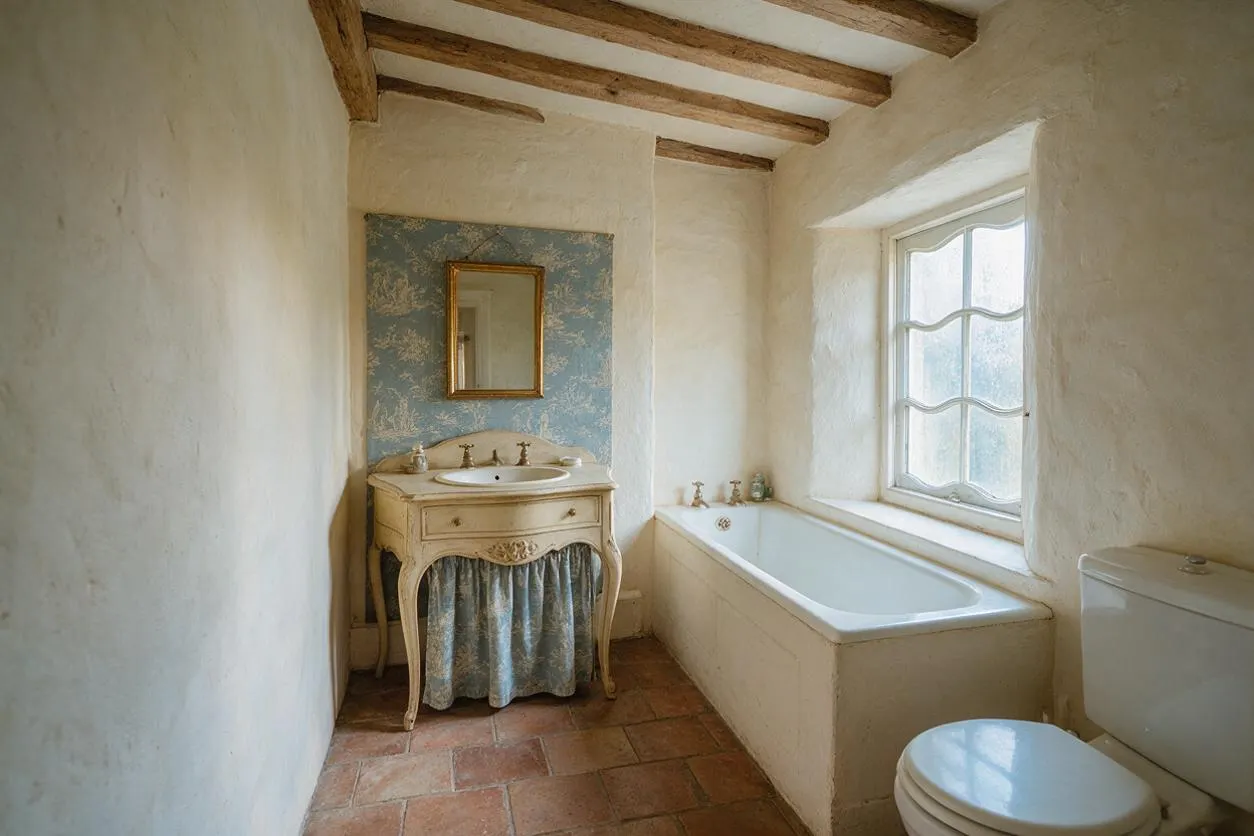 A French Country master bathroom with rough plaster walls, exposed wooden ceiling beams, terracotta tile flooring, a painted vintage vanity with a gold-framed mirror, a built-in bathtub by a frosted-paned window, and a white toilet. The room feels airy, rustic, and softly elegant.