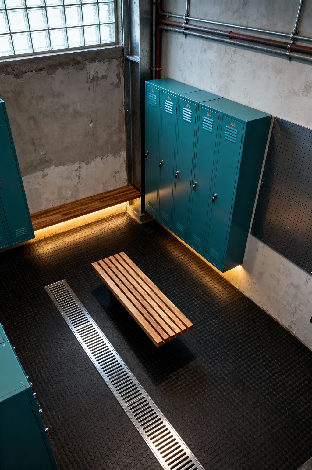 A compact industrial mudroom features a row of teal metal lockers mounted along a raw concrete wall, with warm LED lighting washing the base. A slatted wood bench sits centrally on black coin-pattern rubber flooring, which includes a stainless steel linear drain. Exposed copper and steel pipes run overhead, a perforated metal pegboard panel hangs on the wall, and a glass‑block window admits diffuse daylight, underscoring the rugged, utilitarian character.