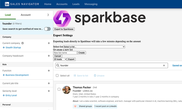 The image displays a LinkedIn Sales Navigator interface focused on exporting leads to Sparkbase.