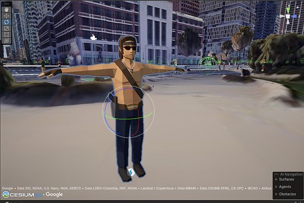 A 3D model of a person is displayed in a virtual environment with a cityscape background.