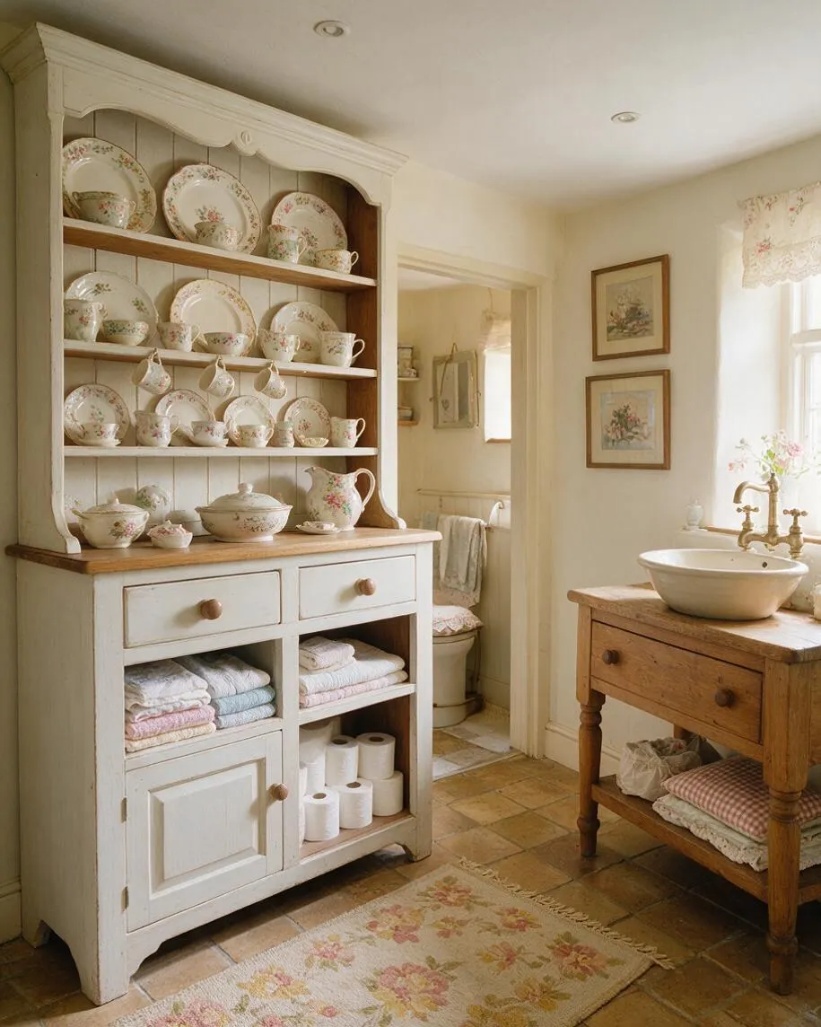 A cozy powder room styled in cottagecore decor features a white painted hutch filled with floral china and teacups, a rustic wood vanity with a vessel sink, and soft cream walls. Warm terracotta tile flooring, framed botanical art, lace curtains, and pastel textiles create a charming, old-world atmosphere.