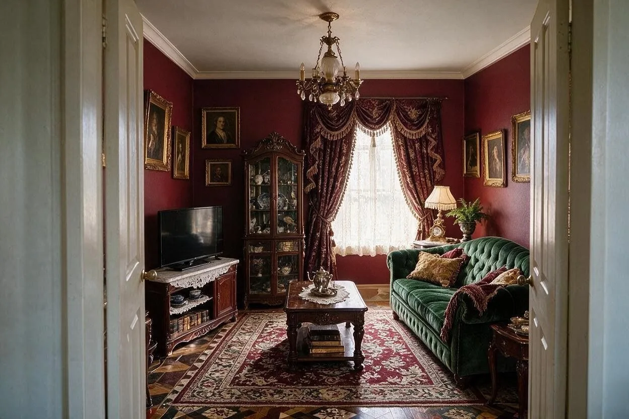 The same Victorian living room in the Oxblood Parlor palette: oxblood, bottle green, mahogany, antique gold, and ivory