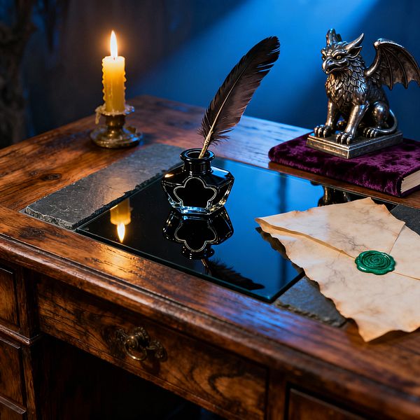 A candlelit close-up of a Gothic-inspired writing desk shows an aged walnut surface with inset panels of black glass and dark slate. At center, a black quatrefoil inkwell holds a feather quill beside torn parchment sealed with green wax, while a pewter gargoyle sits atop a purple velvet-covered book; a brass candlestick casts warm light as a cool blue spotlight falls across the scene, creating a moody, medieval study atmosphere.