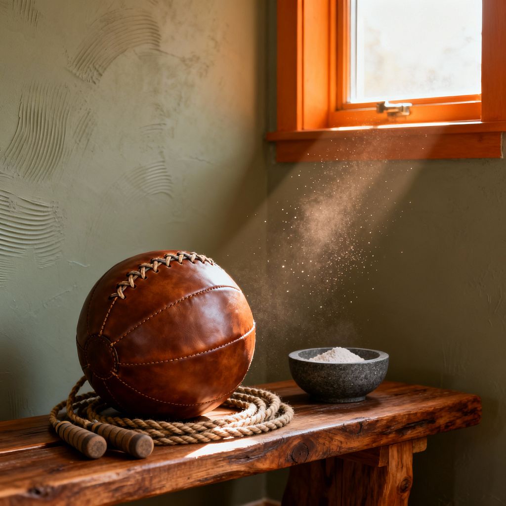 A close-up of a rustic home gym vignette shows a vintage brown leather medicine ball with hand stitching resting on a live-edge wooden bench beside a coiled hemp jump rope with wooden handles. A small dark stone bowl filled with white chalk sits nearby as a sunbeam from a wood-framed window catches drifting dust. The surrounding wall is textured plaster painted sage green, emphasizing natural materials, warm light, and a tactile, old-world atmosphere.