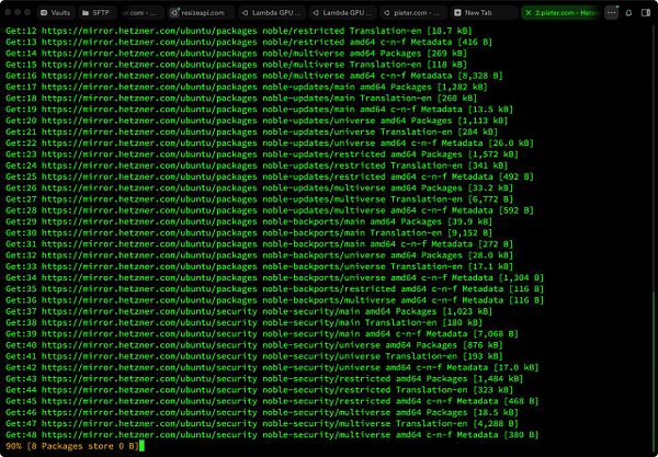 The image displays a terminal window showing the output of package retrieval from a server.
