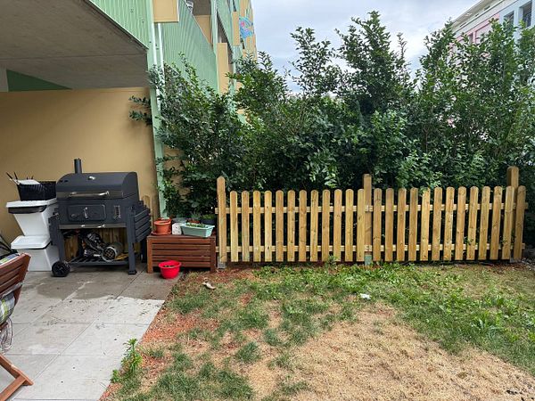 A newly built wooden picket fence stands in a backyard next to a grill and some greenery.
