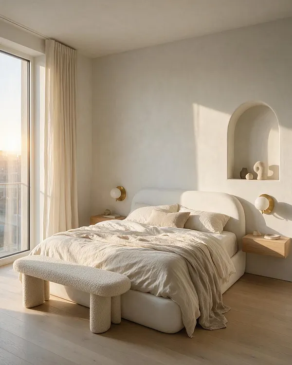 A modern guest bedroom with a low upholstered bed dressed in creamy bedding, a textured boucle bench at the foot, and floating wood nightstands on both sides. Soft beige curtains frame a large window, while a wall niche with sculptural decor and brass-and-glass sconces adds warmth.