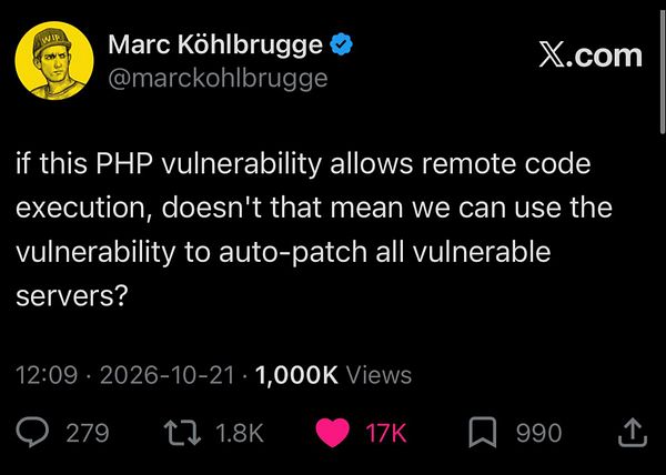 Tweet by Marc Köhlbrugge discussing using a PHP vulnerability to auto-patch servers with 1,000K views.