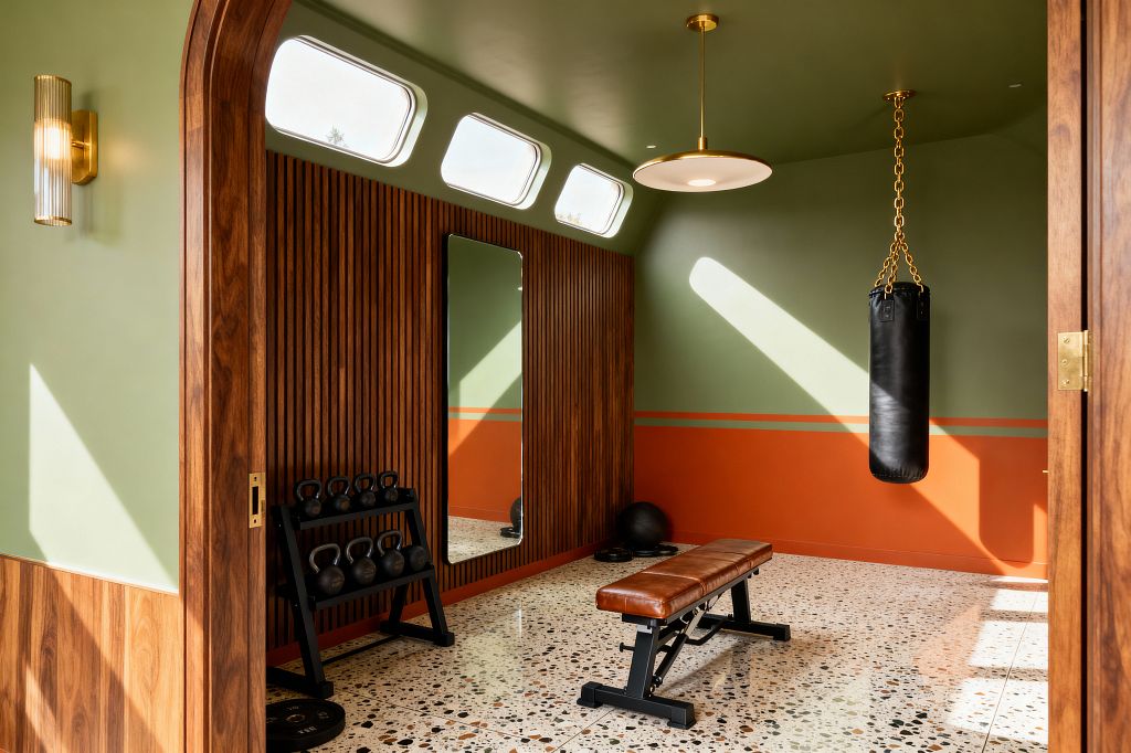 A mid-century modern home gym features a walnut slat accent wall with a tall mirror, terrazzo flooring, and sage green walls with a burnt orange banded wainscot. Clerestory windows wash light onto a leather-upholstered weight bench, black kettlebells on a rack, and a black punching bag suspended from a brass chain beneath a brass-and-opal pendant and ribbed-glass sconce.