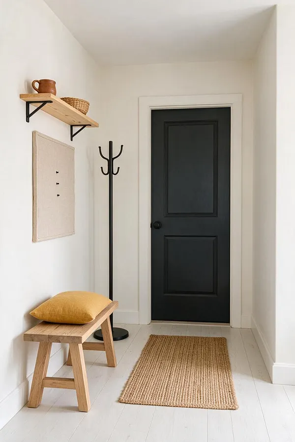 A narrow farmhouse entryway with white walls and light wood flooring features a matte black front door, a simple wooden bench with a mustard cushion, a woven jute rug, a black coat rack, and a floating shelf holding a clay mug and woven basket. A neutral fabric wall panel adds texture.
