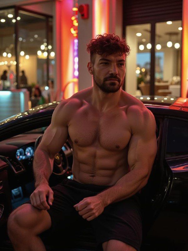 A muscular man poses in a stylish urban setting next to a car.