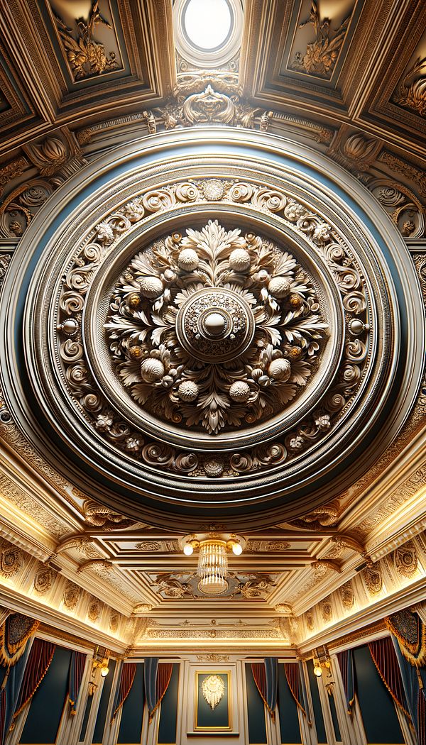 a detailed roundel used as a centerpiece in an elegant room, showing the circular decorative element seamlessly integrated into the room's overall design