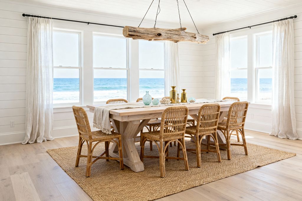 An airy coastal dining room with white shiplap walls and four large windows overlooking the ocean. A light wood trestle table seats eight rattan chairs on a woven jute rug, topped with a neutral runner, brass candlesticks, sea-glass vases, and shells; sheer white linen curtains on black rods frame the view as a suspended driftwood beam pendant centers the space, with pale wood plank flooring and abundant natural light.