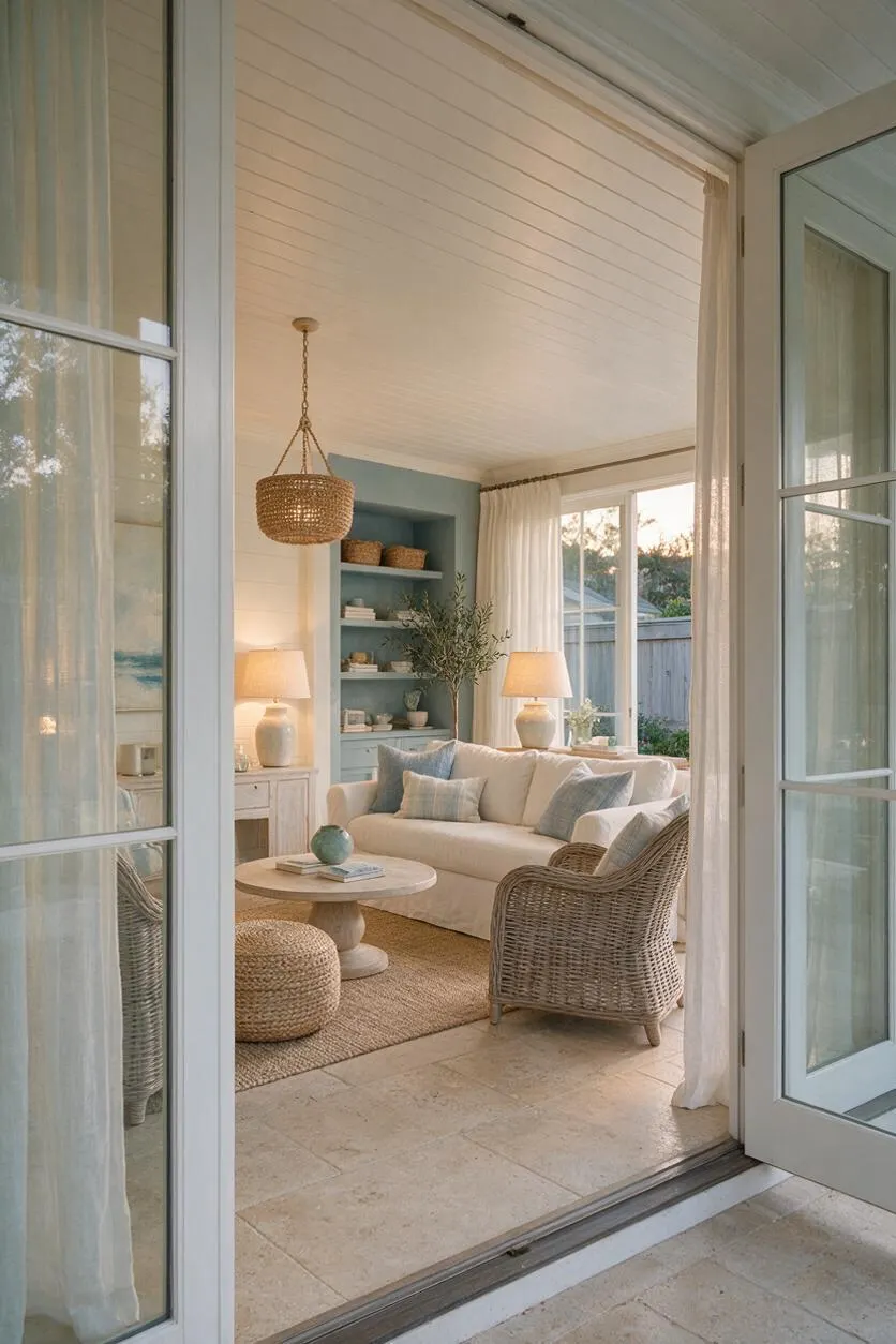 A cozy coastal-style backyard lounge is visible through open French doors, featuring a white sofa, woven wicker chair, round pedestal coffee table, and soft woven rug. Blue built-in shelving, sheer curtains, natural textures, and pale neutral finishes create a relaxed, airy atmosphere.
